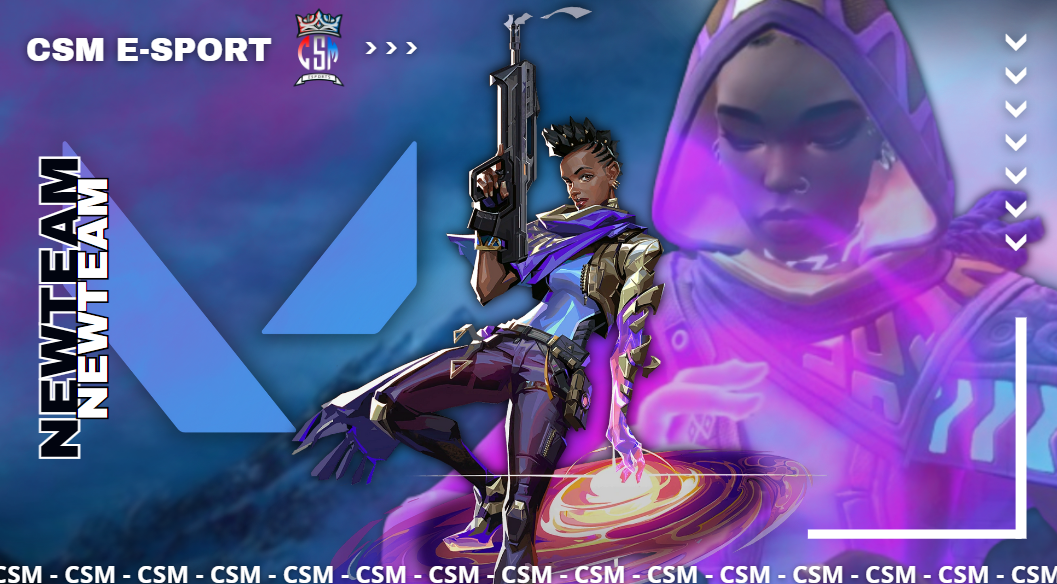 Affiche pour l'intégration d'un nouveau membre dans la CSM Esport, mettant en avant le personnage Astra de Valorant avec des éléments graphiques personnalisés.