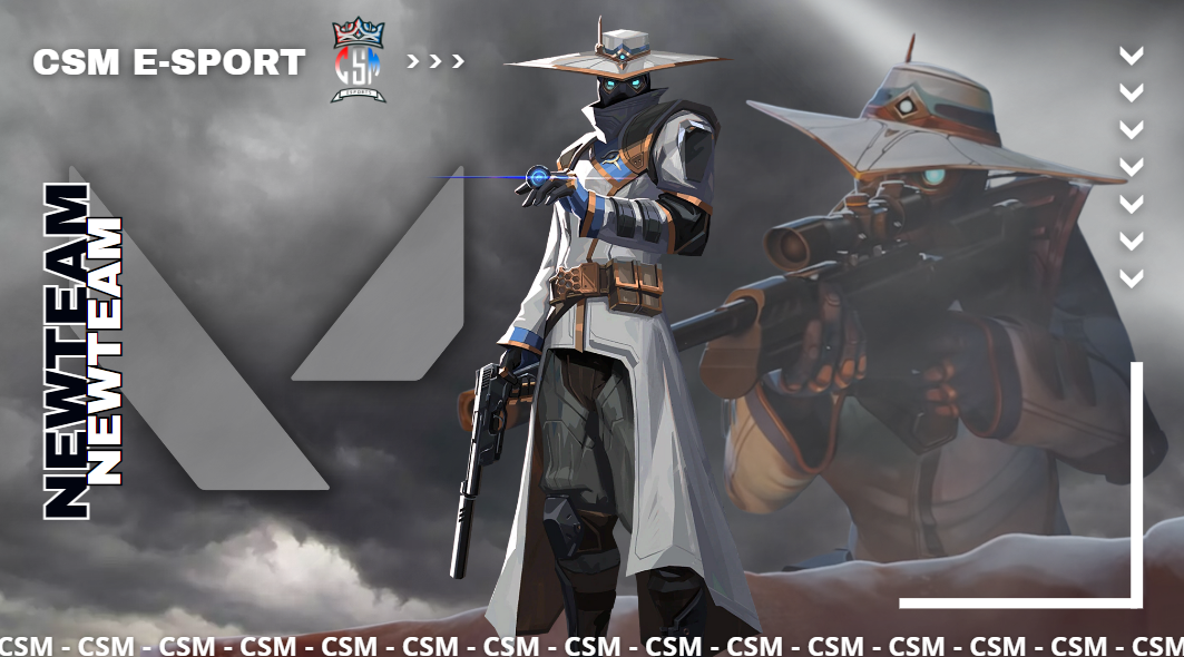 Affiche pour l'intégration de Cypher dans la CSM Esport, avec une ambiance Valorant et des éléments graphiques adaptés au personnage.