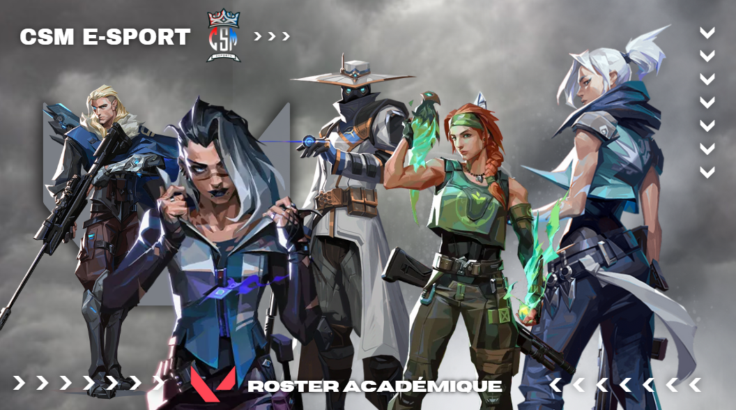 Roster Académique CSM Esport sur Valorant avec les cinq personnages Jett, Sova, Skye, Cypher, et Fade.