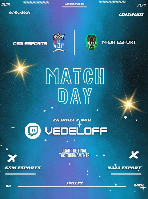 Affiche pour un match de Valorant de la CSM Esport, réalisée sur Canva avec un fond bleu assorti au logo.