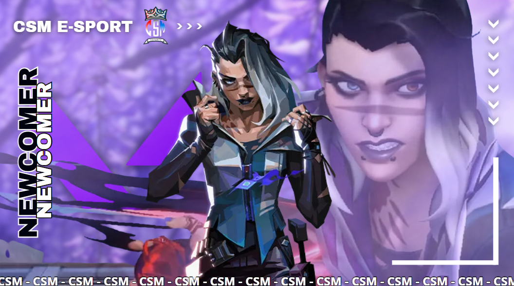 Affiche pour l'intégration de Fade dans la CSM Esport, avec des éléments graphiques représentant l'univers mystérieux et intrigant de ce personnage de Valorant.
