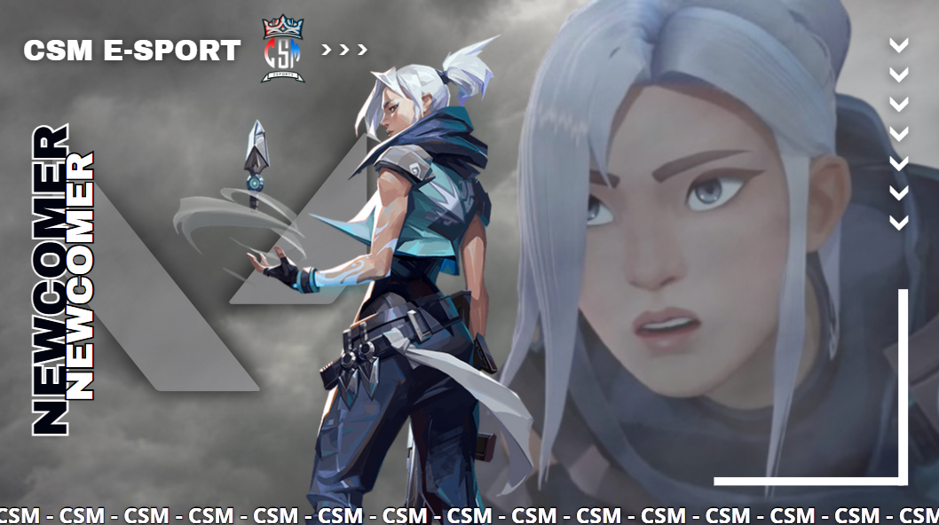 Affiche pour l'intégration de Jett dans la CSM Esport, avec une ambiance dynamique et des éléments graphiques adaptés à son personnage de Valorant.