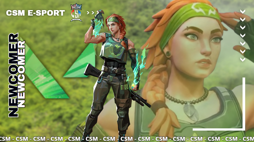 Affiche pour l'intégration de Skye dans la CSM Esport, mettant en avant le personnage avec une ambiance Valorant et des éléments graphiques personnalisés.