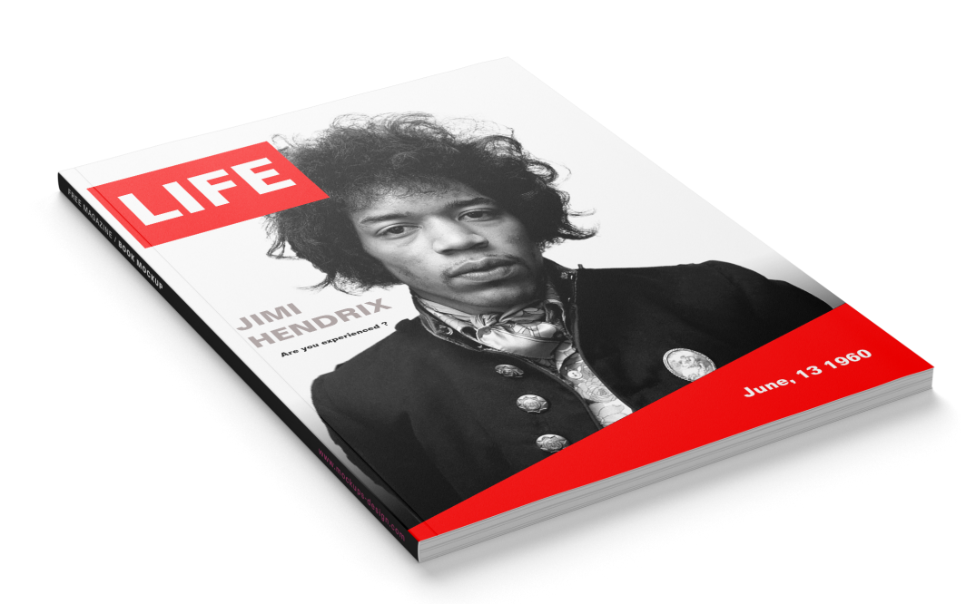 Mockup d’un visuel sur Jimi Hendrix, imprimé et posé sur un livre.