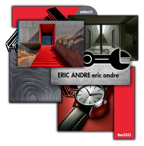Moodboard pour la marque Eric André, combinant rigueur, professionnalisme et dynamisme avec des tons sobres et une touche de rouge énergique.