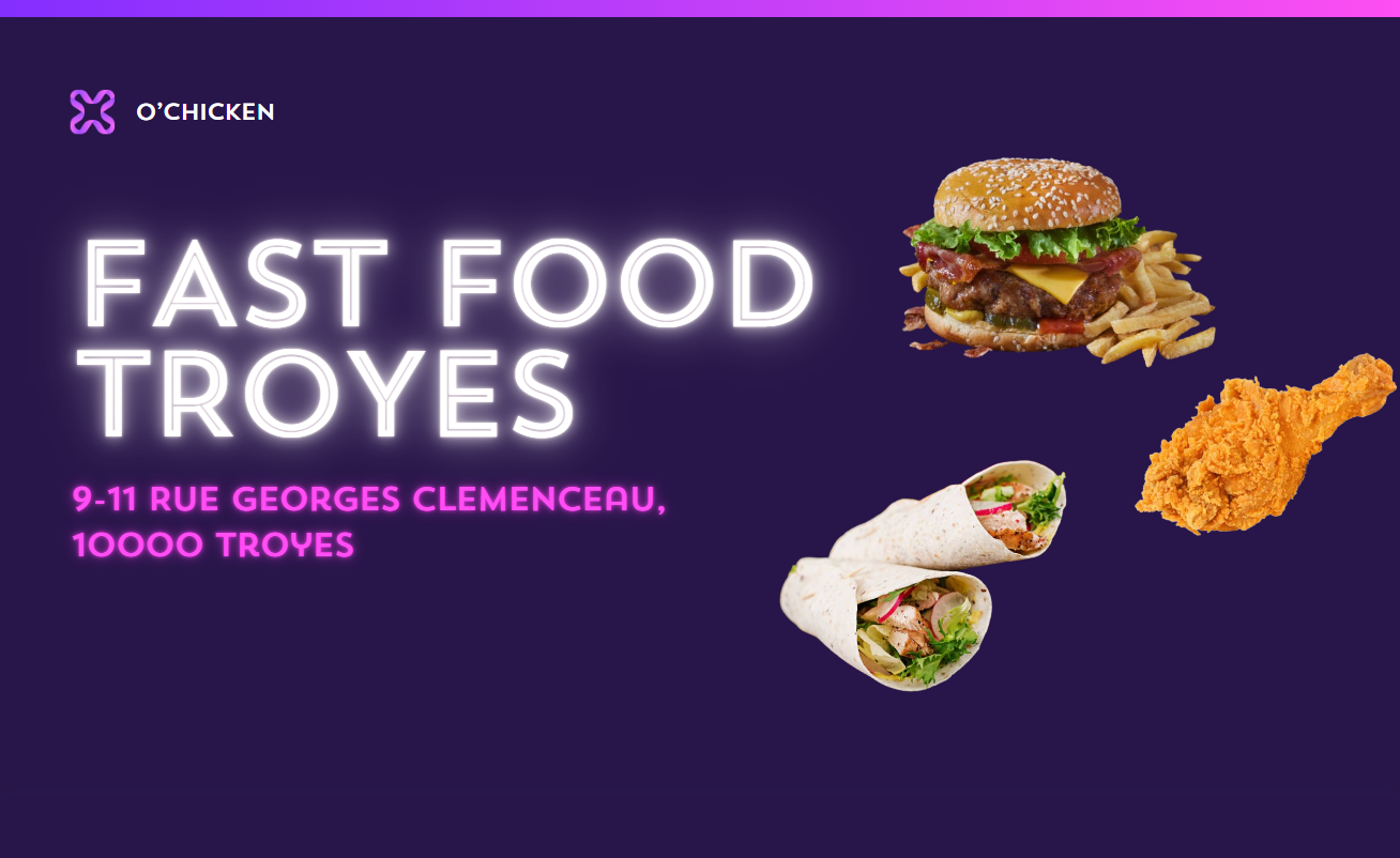 Affiche annonçant la création du site web O'Chicken, avec un design moderne et appétissant, mettant en valeur l'univers de la marque.