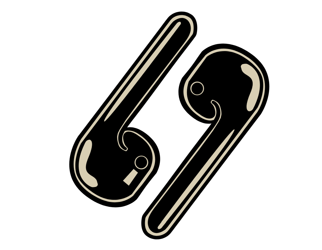 Illustration stylisée de deux écouteurs avec des jeux de couleurs créant un reflet, un contraste et un effet de profondeur.